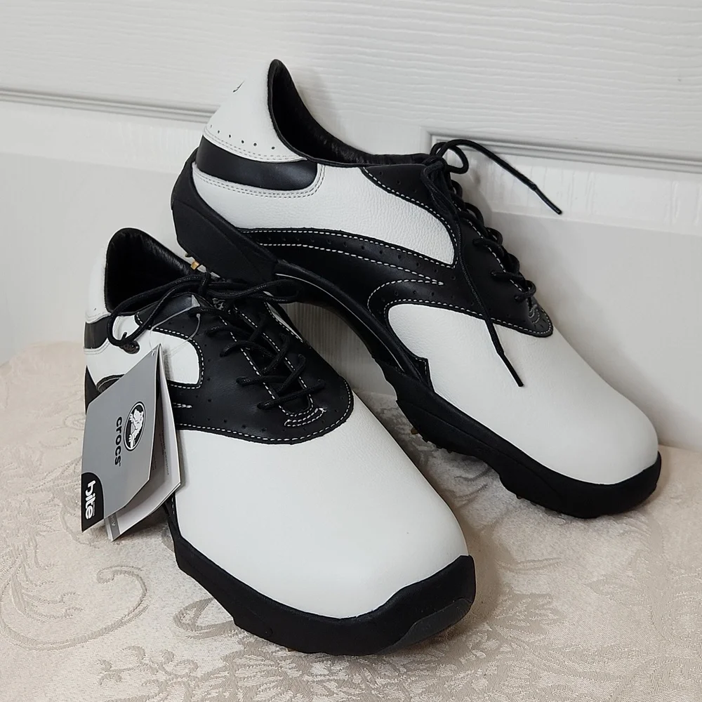 Mens Crocs Bite leather golf shoes soft cleat black white size 12 style 2207A - Picture 1 of 8
